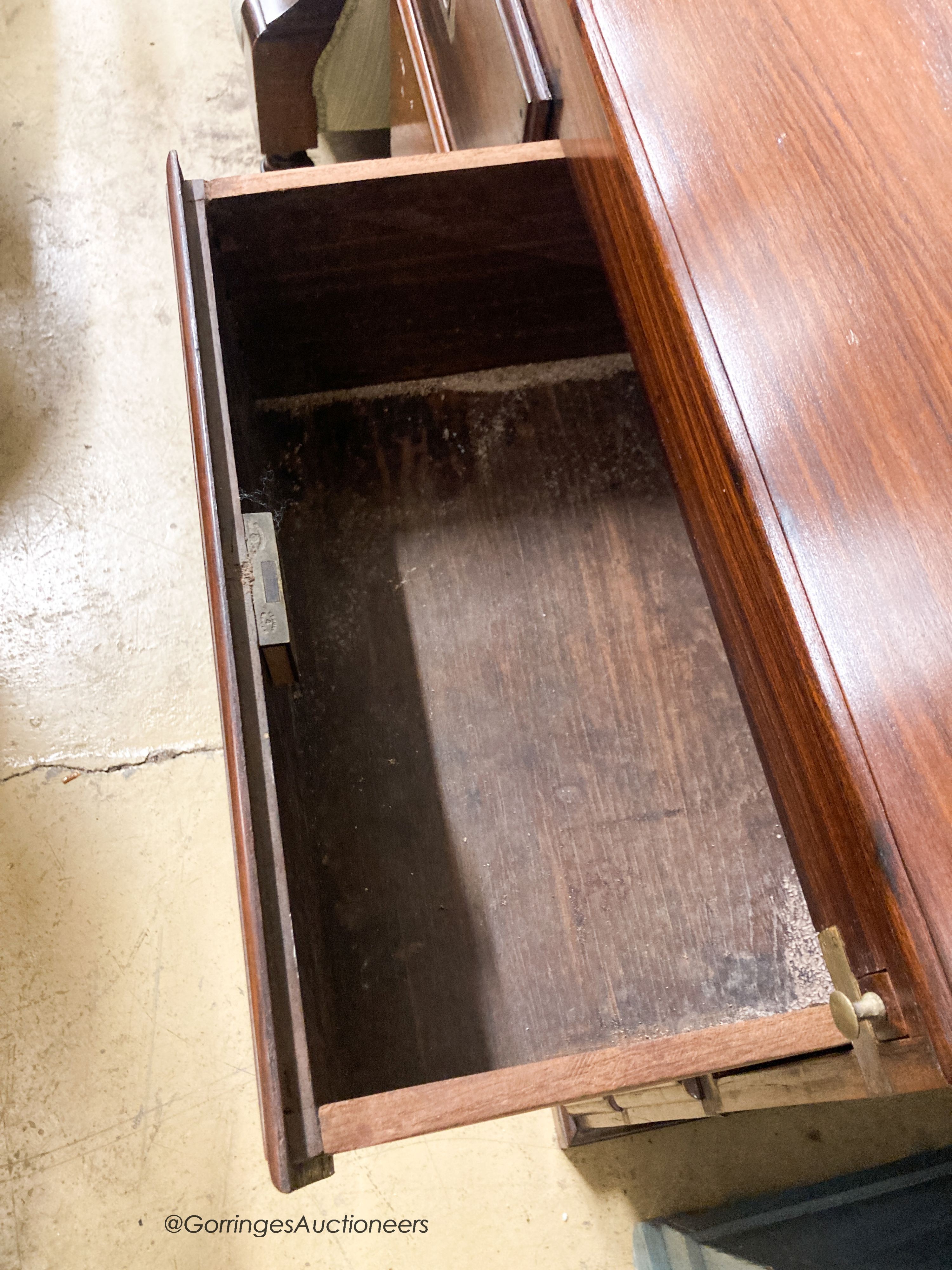 An early 20th century Anglo Indian rosewood campaign style two part bureau with brass recessed handles, width 100cm, depth 46cm, height 106cm